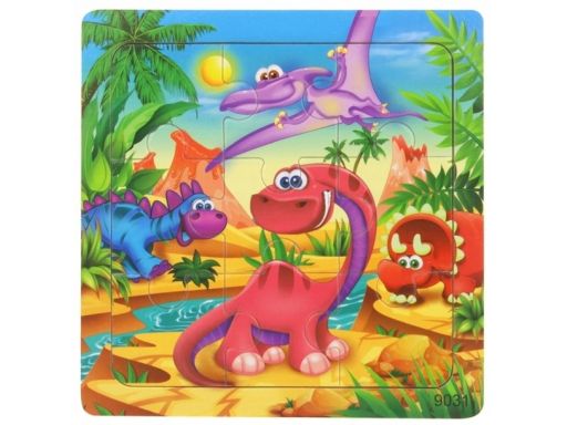 Drewniana układanka 9 el. puzzle wesołe dinozaury