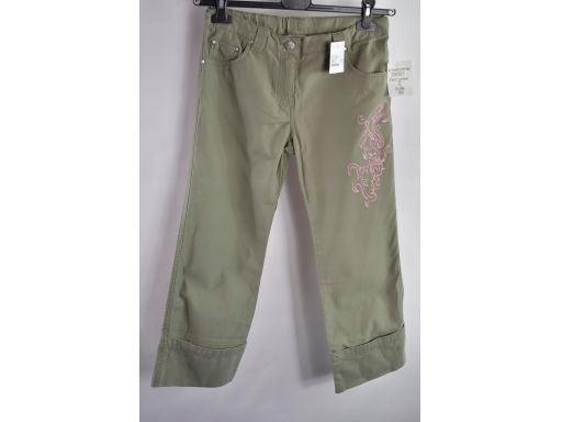 Oliwkowe spodnie miękkie nadruk różowy r.164cm