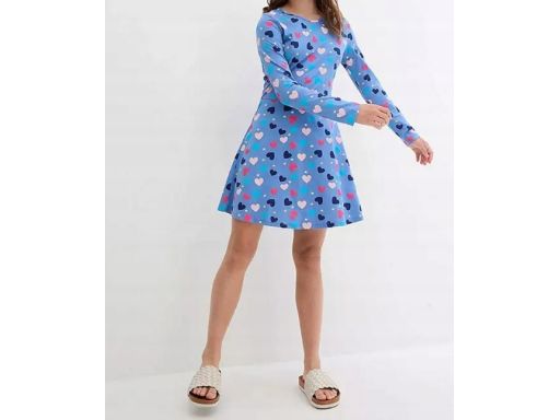 B.P.C sukienka dziewczęca niebieska w kolorowe serduszka 128/134.