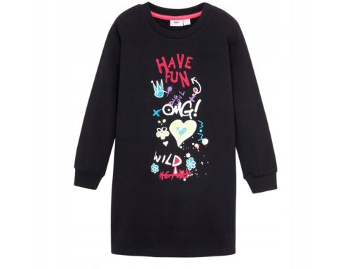 B.P.C sukienka dziewczęca dresowa czarna z kolorowym nadrukiem 164/170