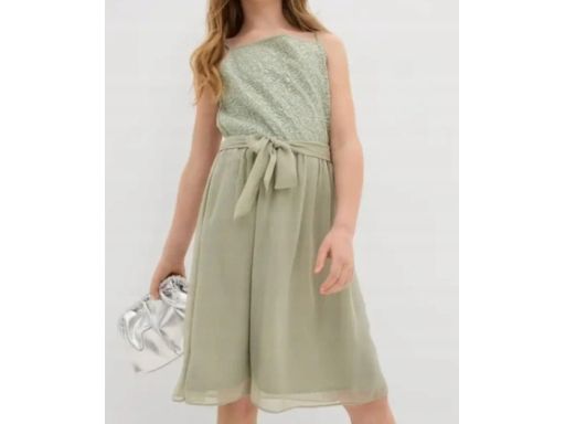 B.P.C szyfonowa sukienka dziewczęca oliwkowa z cekinami ^152