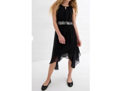 B.P.C sukienka dziewczęca asymetryczna z cekinami granatowa 170cm.