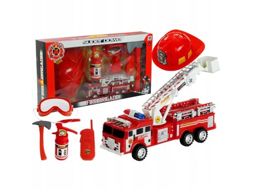 Zestaw strażaka straż pożarna + wóz,kask, gaśnica