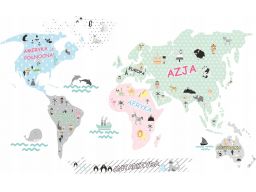 Mapa świata naklejki pastelowe zwierzęta 120x70cm