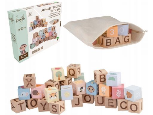 Drewniane klocki alfabet z torbą układanka joueco